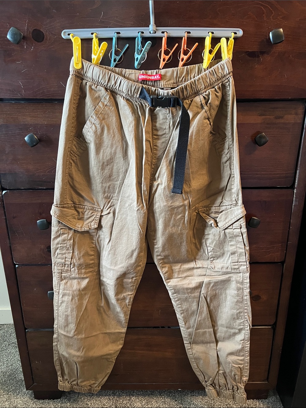 UNIONBAY Tan Women's Cargo Jogger Pants with Black Belt
